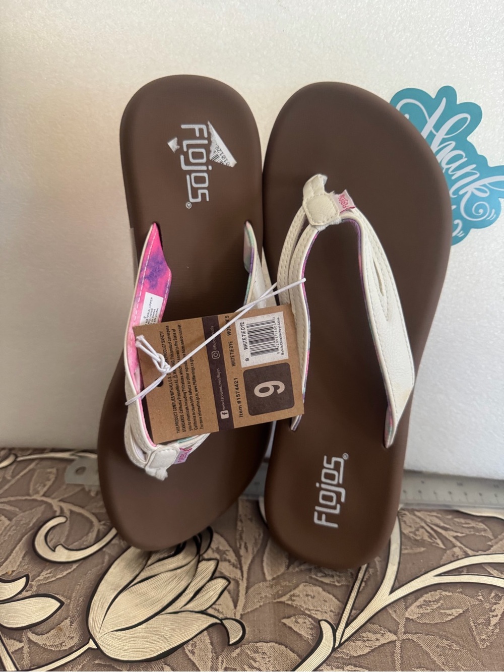 Flojos Women’s White Strap Brown Footbed Thong Sandals with Pink Accent